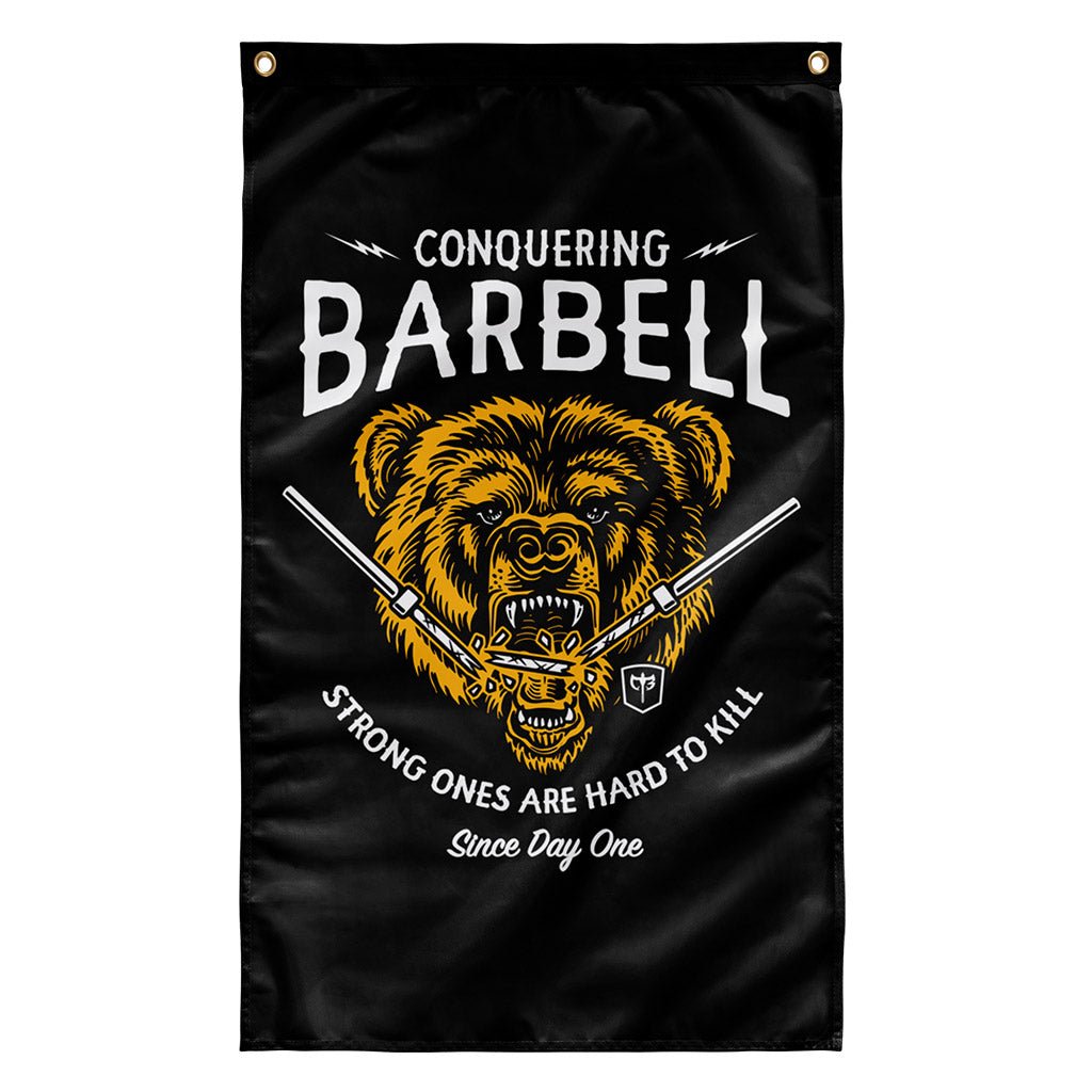 Breaking Barbell Bear Flag -White/Gold - 3' x 5' Polyester Flag - Conquering Barbell