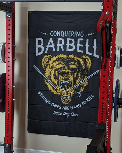 Breaking Barbell Bear Flag -White/Gold - 3' x 5' Polyester Flag - Conquering Barbell