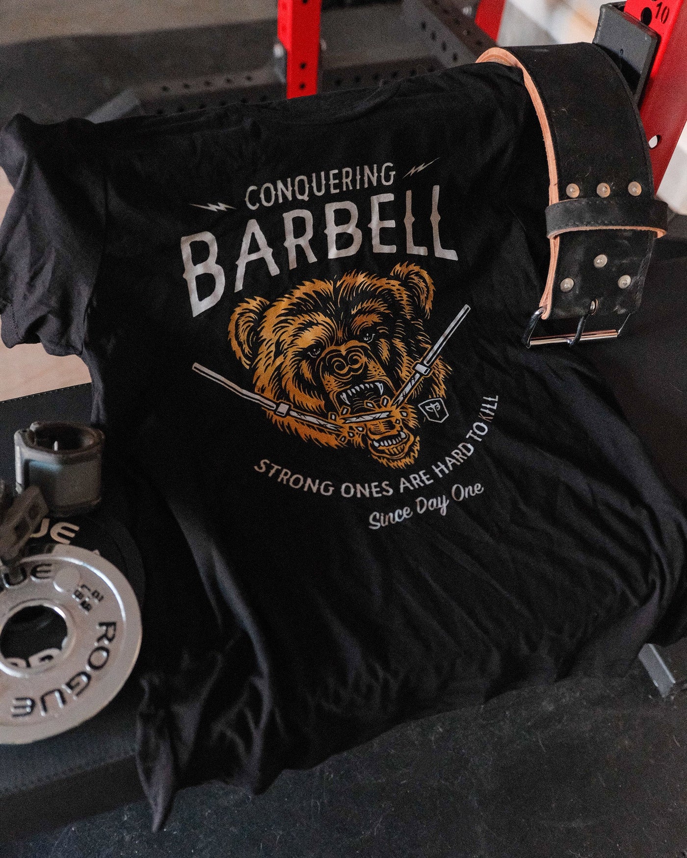 Breaking Barbell Bear - on Black Tee - Conquering Barbell