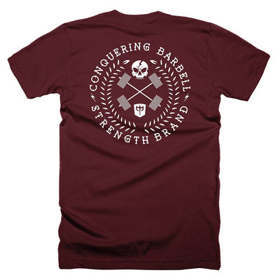 CB Badge - Wreath - on Maroon Tee - Conquering Barbell