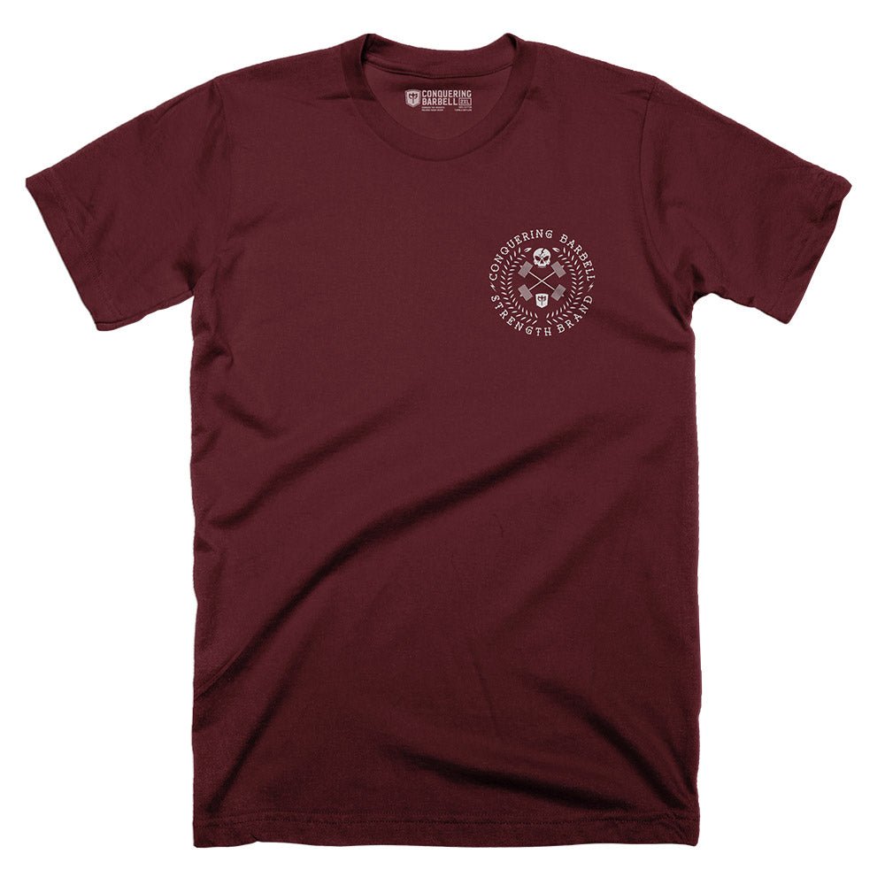 CB Badge - Wreath - on Maroon Tee - Conquering Barbell