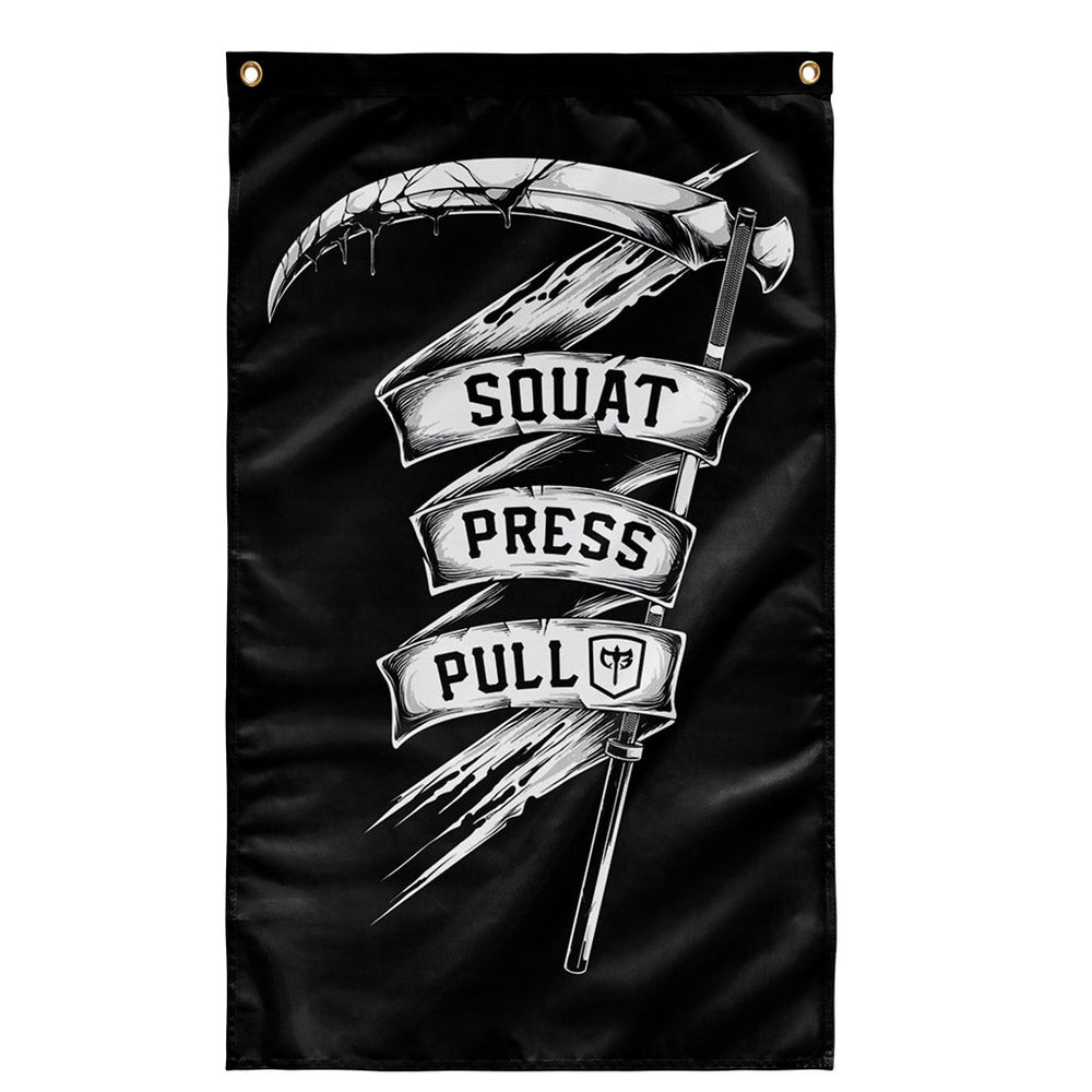 CB Scythe - Squat Press Pull® Flag - Polyester Flag, vertical gym flag hanging in a home gym - Conquering Barbell