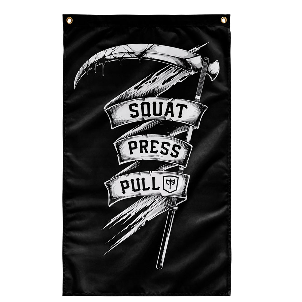 CB Scythe - Squat Press Pull® Flag - Polyester Flag, vertical gym flag hanging in a home gym - Conquering Barbell