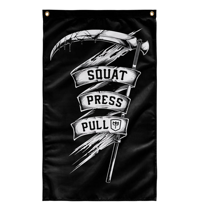CB Scythe - Squat Press Pull® Flag - Polyester Flag, vertical gym flag hanging in a home gym - Conquering Barbell