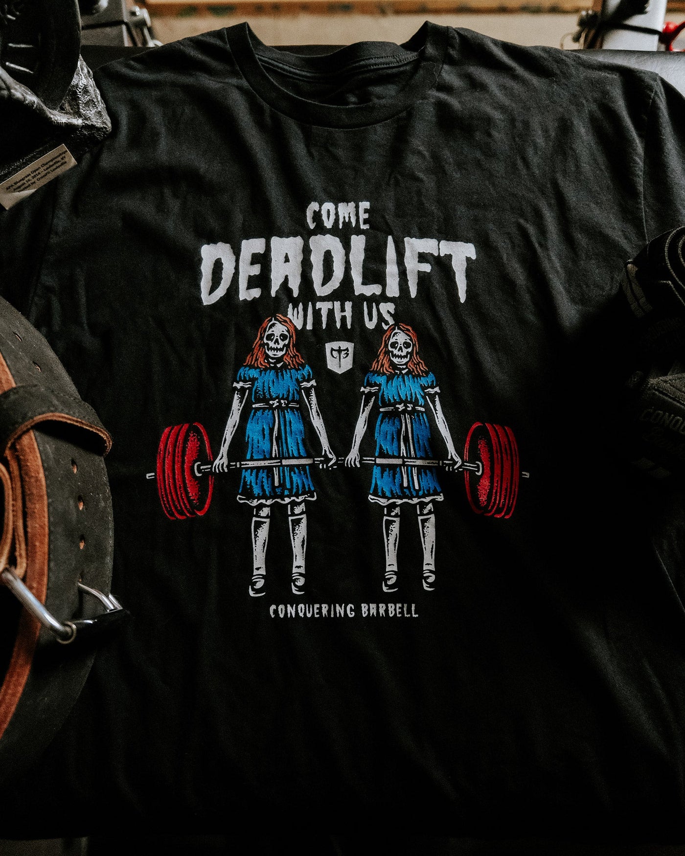 Come Deadlift With Us - on Black tee - Conquering Barbell