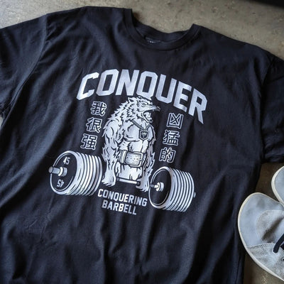 Conquer - Deadlifting Wolf - Black Tee - Conquering Barbell