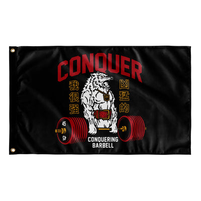 Conquer - Deadlifting Wolf V2 - 3' x 5' Polyester Flag - Conquering Barbell