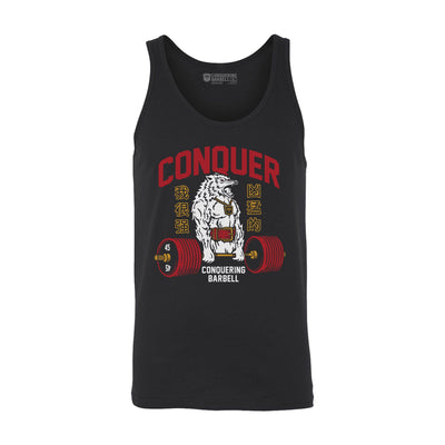 Conquer - Deadlifting Wolf V2 - on Black tank top - Conquering Barbell