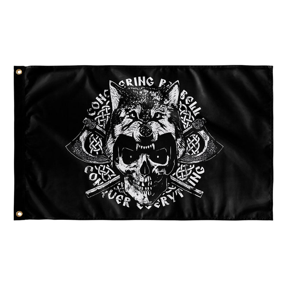 Conquer Everything Flag - Polyester Flag, horizontal gym flag hanging in a home gym - Conquering Barbell
