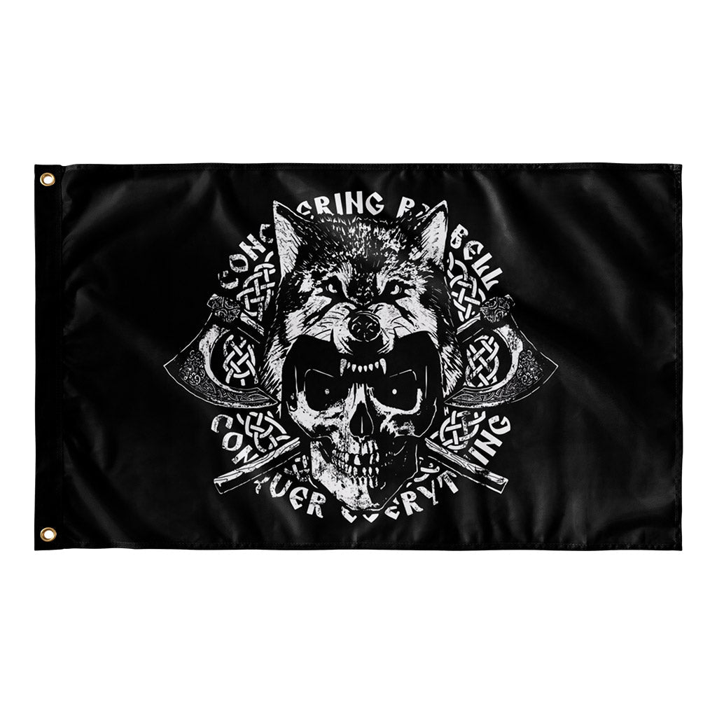 Conquer Everything Flag - Polyester Flag, horizontal gym flag hanging in a home gym - Conquering Barbell