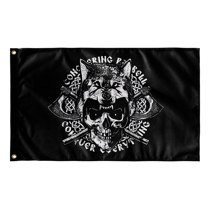 Conquer Everything Flag - Polyester Flag, horizontal gym flag hanging in a home gym - Conquering Barbell