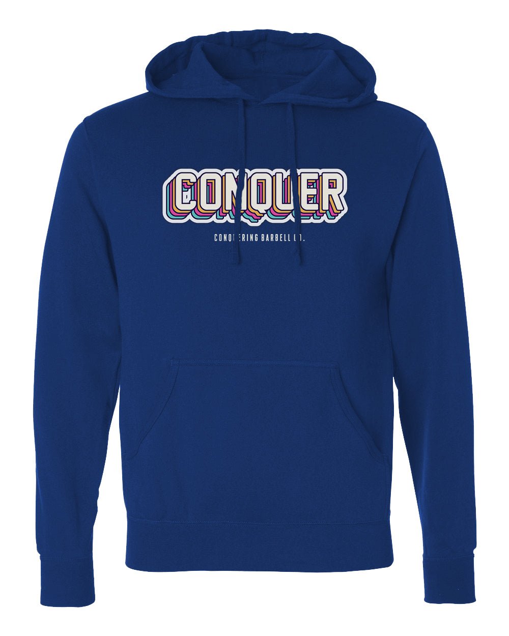 Conquer - Retro - on Royal Blue Pullover Hoodie - Conquering Barbell