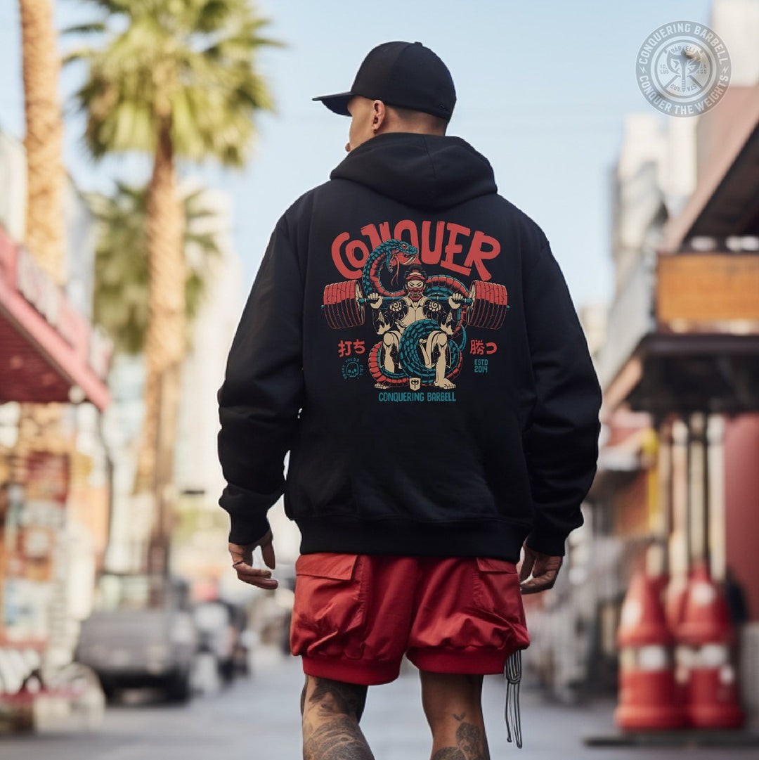 Conquer - Samurai - on Black Pullover Hoodie - Conquering Barbell