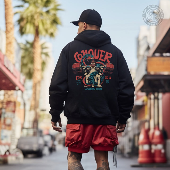 Conquer - Samurai - on Black Pullover Hoodie - Conquering Barbell