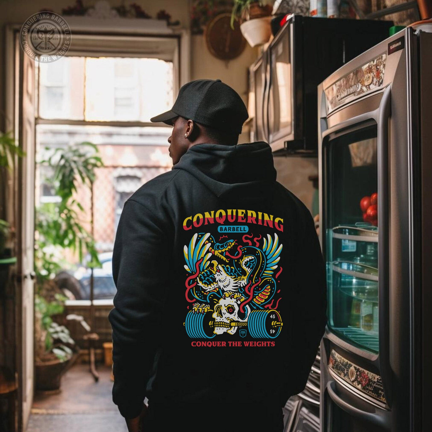 Conquer the Weights - Air Raid - on Black Pullover Hoodie - Conquering Barbell