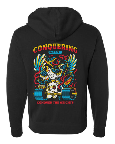 Conquer the Weights - Air Raid - on Black Pullover Hoodie - Conquering Barbell