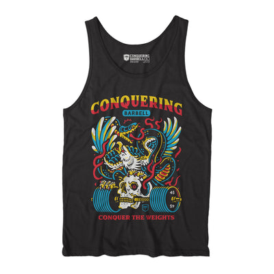 Conquer The Weights - Air Raid - on Black tank top - Conquering Barbell
