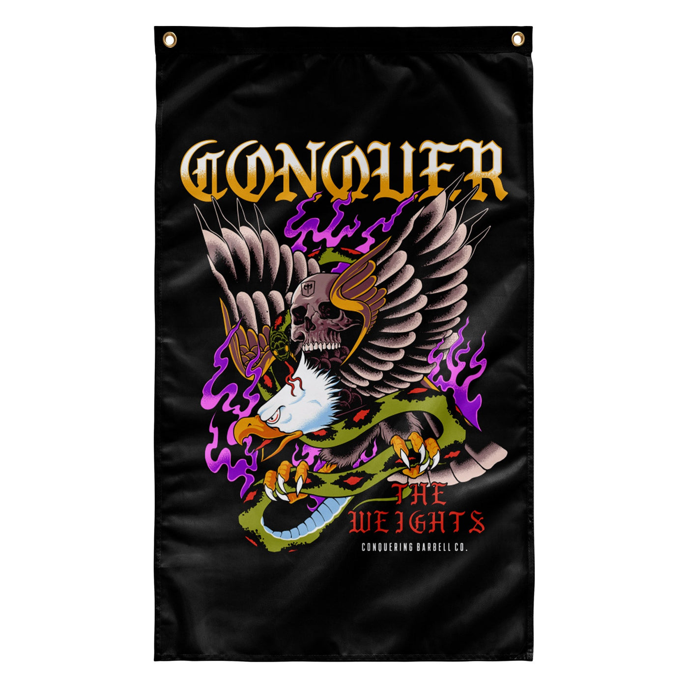 Conquer the Weights - Eagle - 3' x 5' Polyester Flag - Conquering Barbell