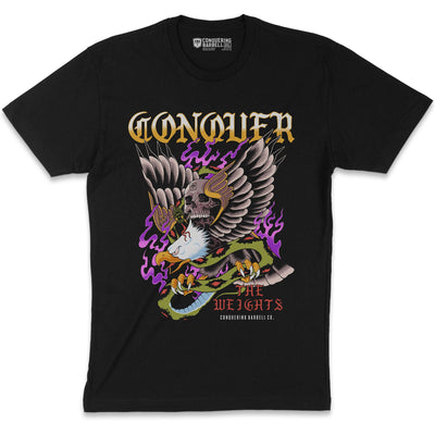 Conquer the Weights - Eagle - Black Tee - Conquering Barbell
