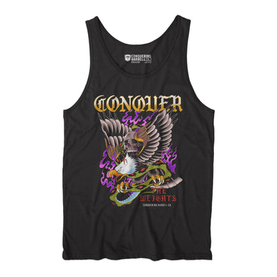 Conquer the Weights - Eagle - on Black tank top - Conquering Barbell