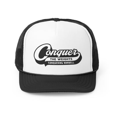 Conquer the Weights Script - Black/White Trucker Cap - Conquering Barbell