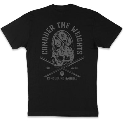 Conquer the Weights - Skull Smash - Murdered Out Tee - Conquering Barbell