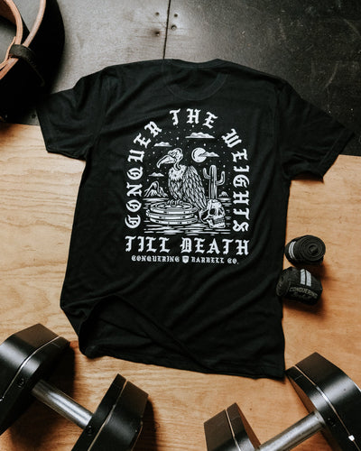 Conquer the Weights - Vulture - on Black Tee - Conquering Barbell