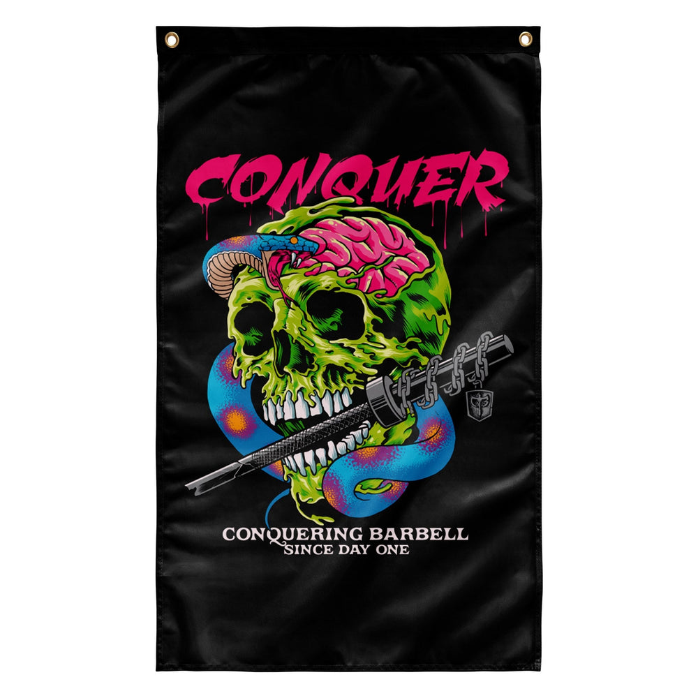 Conquer - Venom - Polyester Flag, vertical gym flag hanging in a home gym - Conquering Barbell