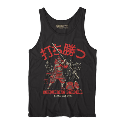 Conquer - Way of the Samurai - on Black tank top - Conquering Barbell