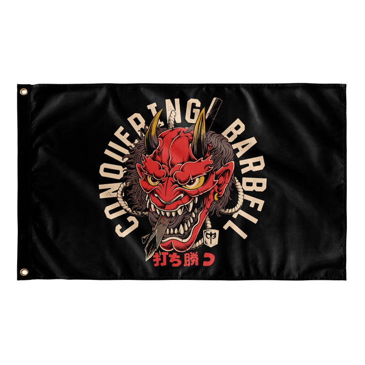 Conquer Your Demon - Polyester Flag, horizontal gym flag hanging in a home gym - Conquering Barbell
