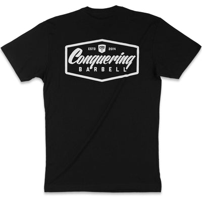 Conquering Barbell Script Logo - on Black tee - Conquering Barbell