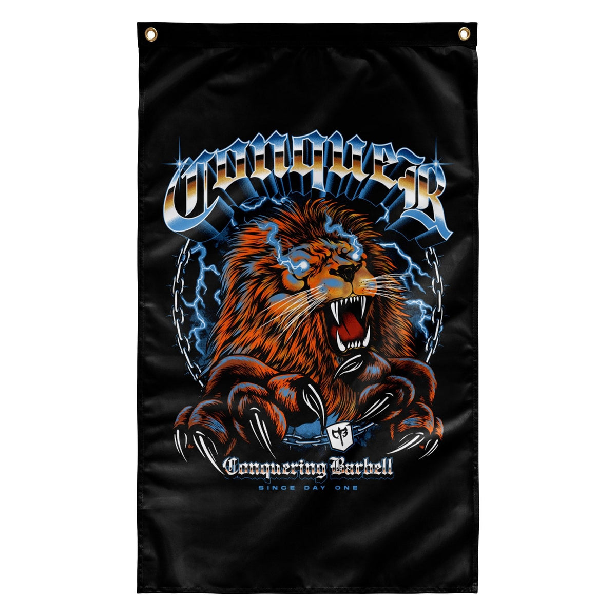 Conquering Lion - Polyester Flag, vertical gym flag hanging in a home gym - Conquering Barbell