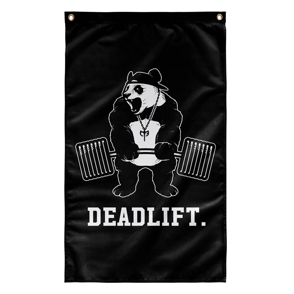 Deadlift Panda Flag - Polyester Flag, vertical gym flag hanging in a home gym - Conquering Barbell