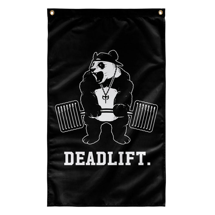 Deadlift Panda Flag - Polyester Flag, vertical gym flag hanging in a home gym - Conquering Barbell