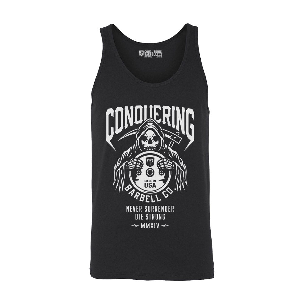 Die Strong - Reaper - on Black tank top - Conquering Barbell