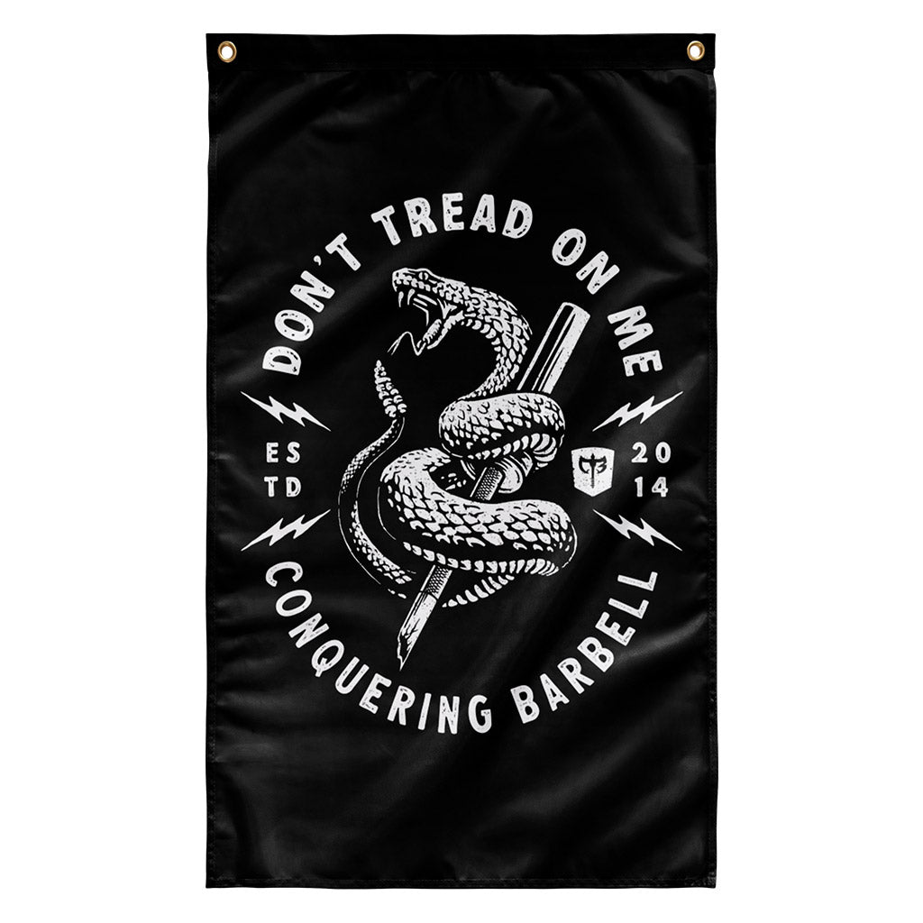 Don't Tread on Me (Version 2) - Black - Polyester Flag, vertical gym flag hanging in a home gym - Conquering Barbell