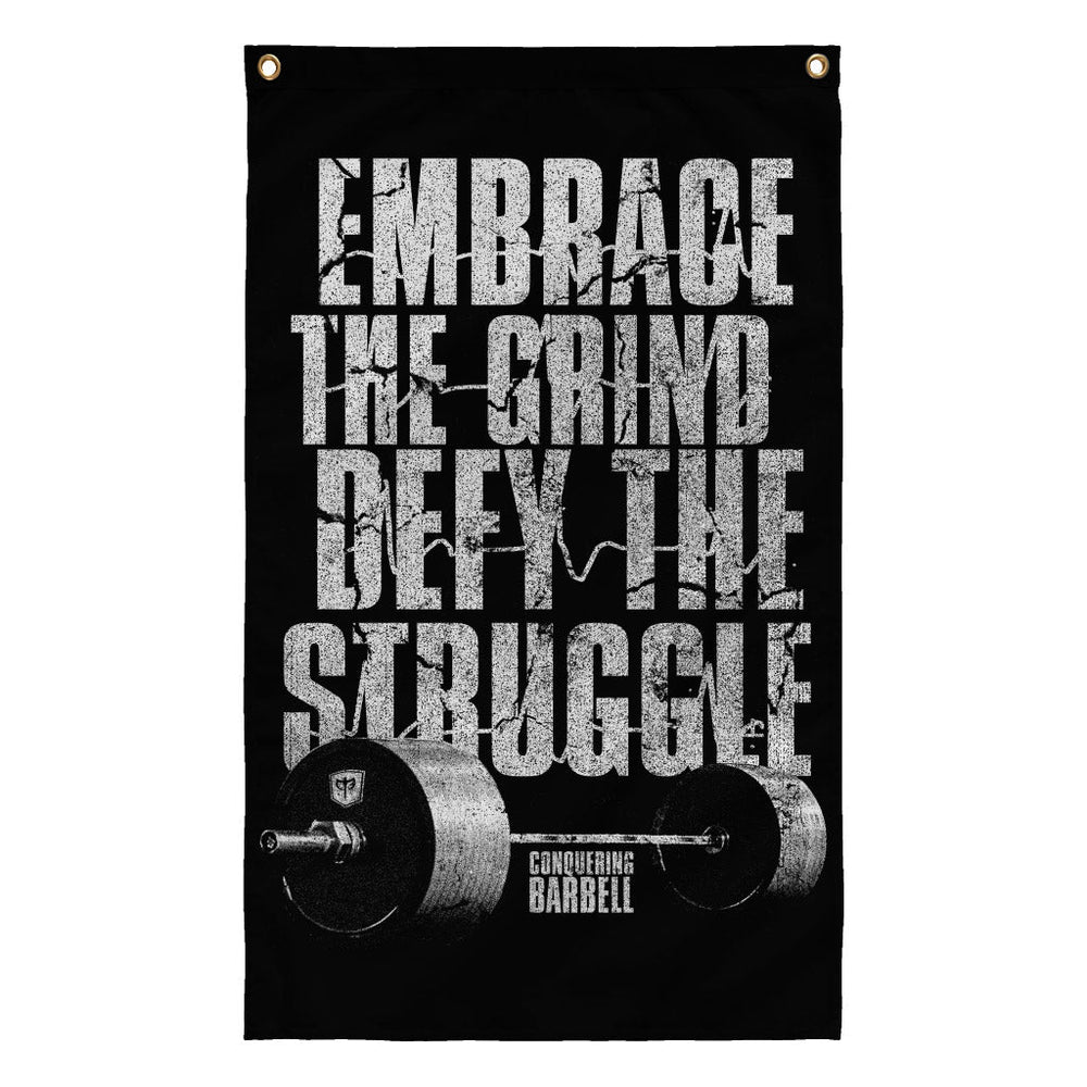 Embrace the Grind, Defy the Struggle - 3' x 5' Polyester Flag - Conquering Barbell