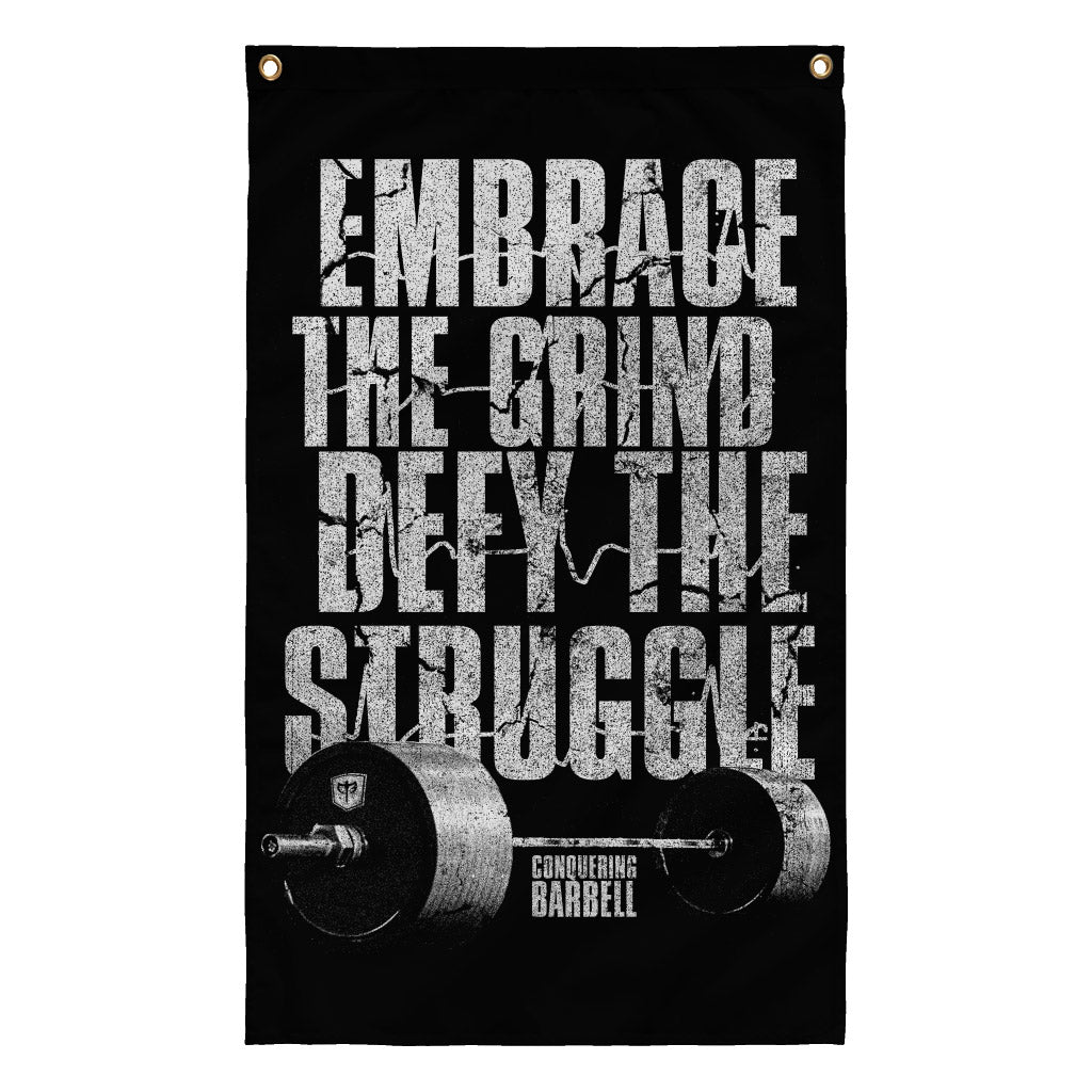 Embrace the Grind, Defy the Struggle - 3' x 5' Polyester Flag - Conquering Barbell