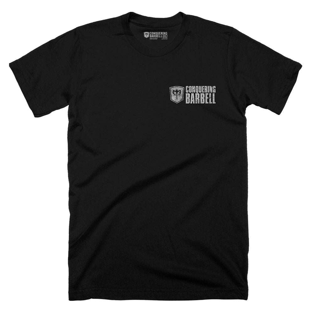 Embrace the Grind, Defy the Struggle - on Black Tee - Conquering Barbell