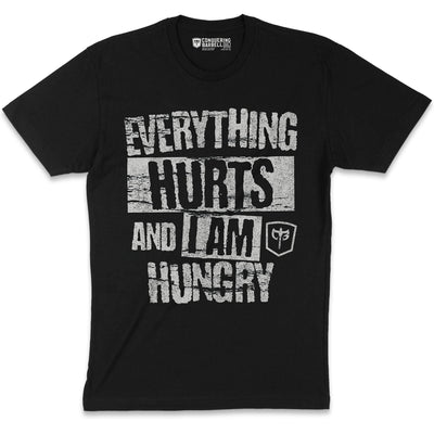 Everything Hurts and I am Hungry - on Black Tee - Conquering Barbell