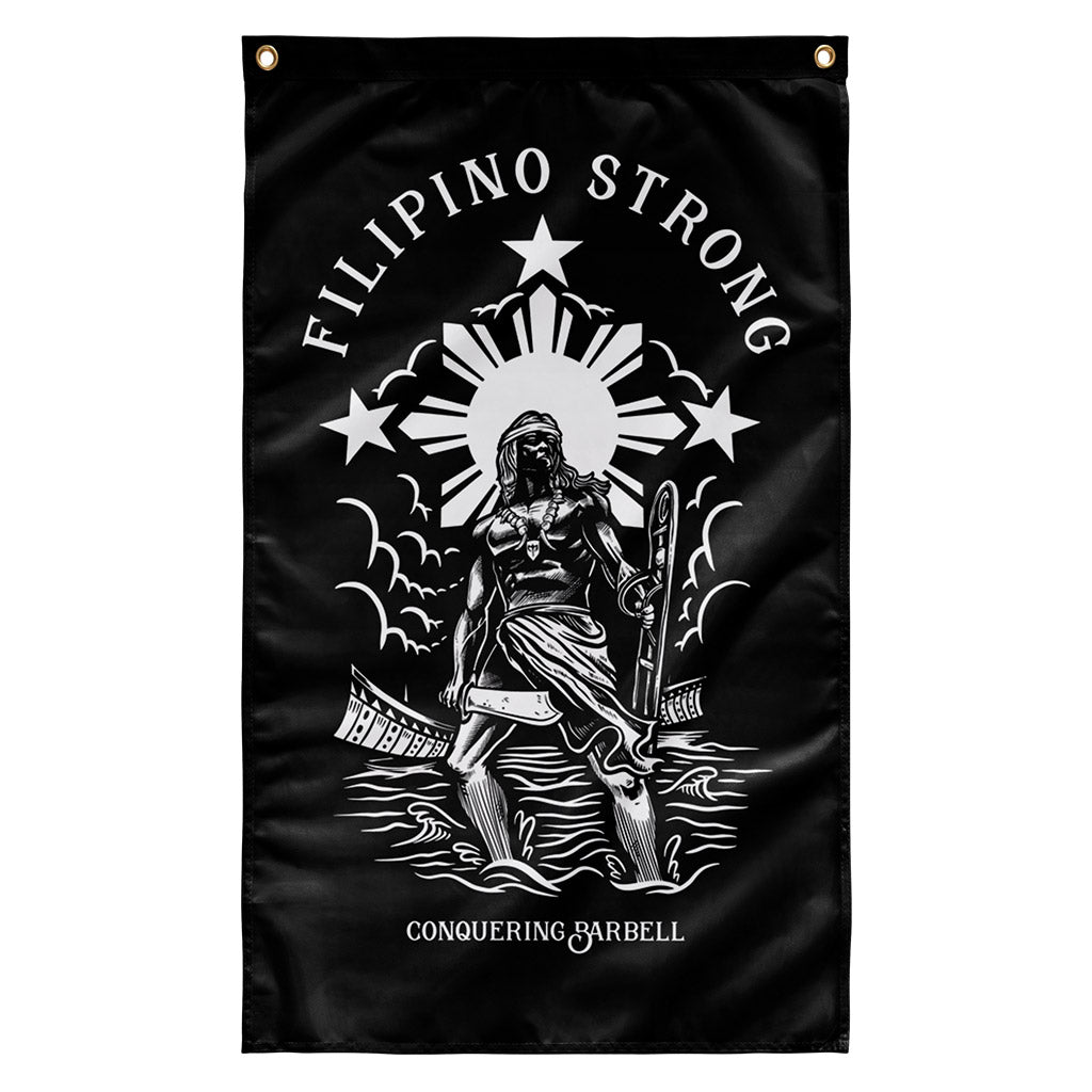 Filipino Strong - Polyester Flag, vertical gym flag hanging in a home gym - Conquering Barbell
