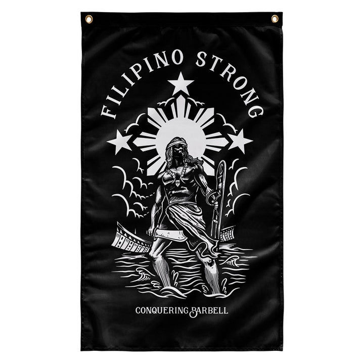Filipino Strong - Polyester Flag, vertical gym flag hanging in a home gym - Conquering Barbell