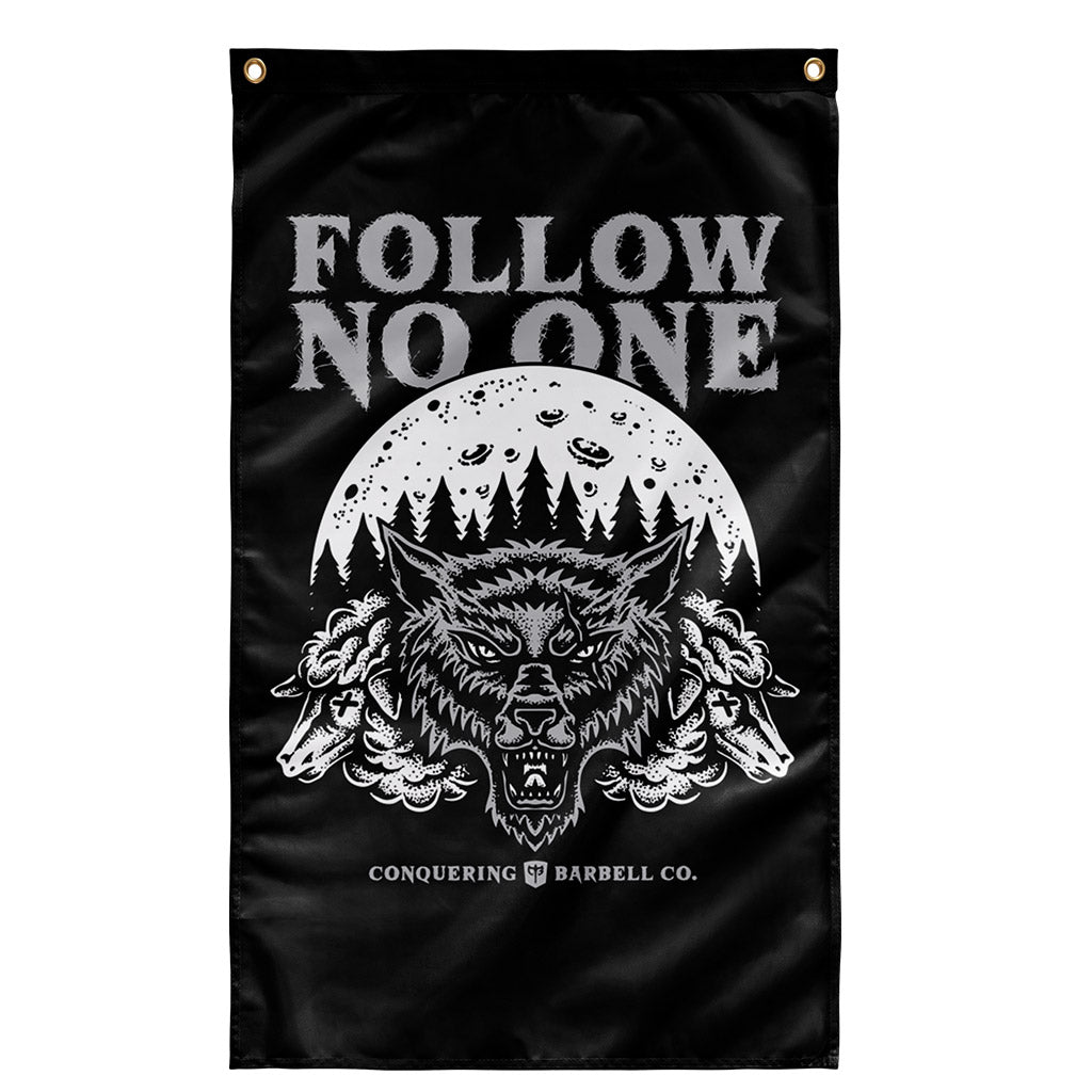 Follow No One - Black - Polyester Flag, vertical gym flag hanging in a home gym - Conquering Barbell