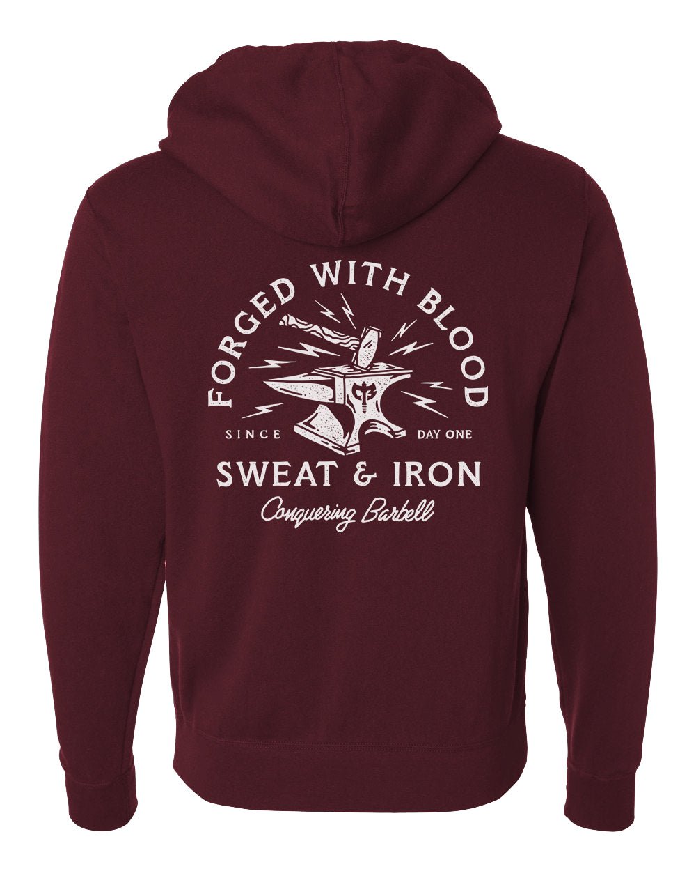 Forged with Blood, Sweat & Iron - on Burgandy Pullover Hoodie - Conquering Barbell