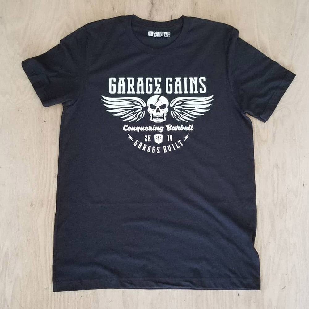 Garage Gains - on Black Tee - Conquering Barbell