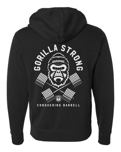 Gorilla Strong - on Black Pullover Hoodie - Conquering Barbell