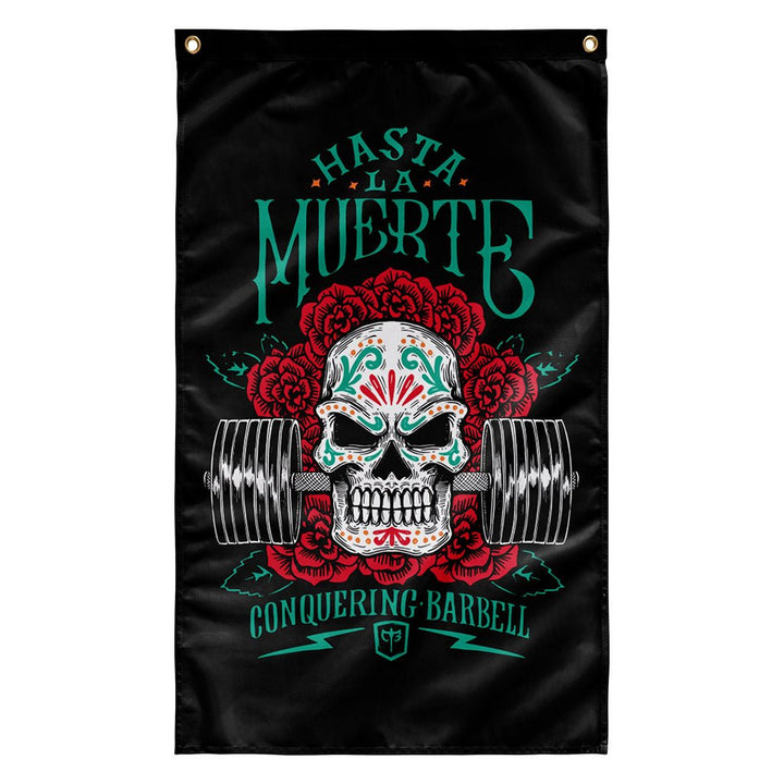 Hasta La Muerte (Until Death) - Version 2 - Polyester Flag, vertical gym flag hanging in a home gym - Conquering Barbell