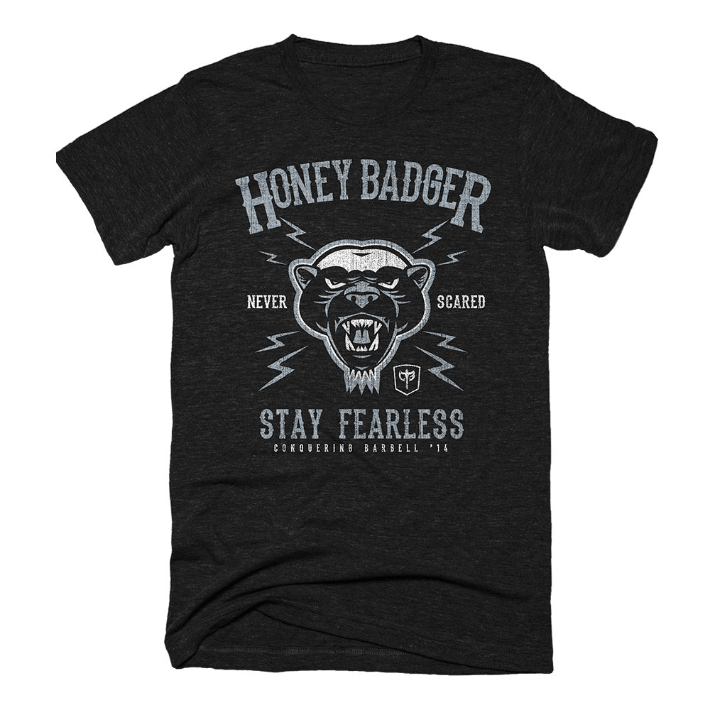 Honey Badger Never Scared on Black Tee - Conquering Barbell