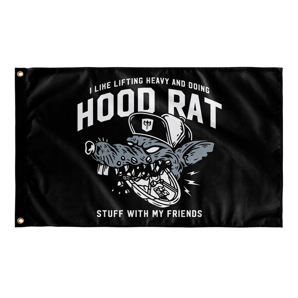 Hood Rat Flag - Polyester Flag, horizontal gym flag hanging in a home gym - Conquering Barbell