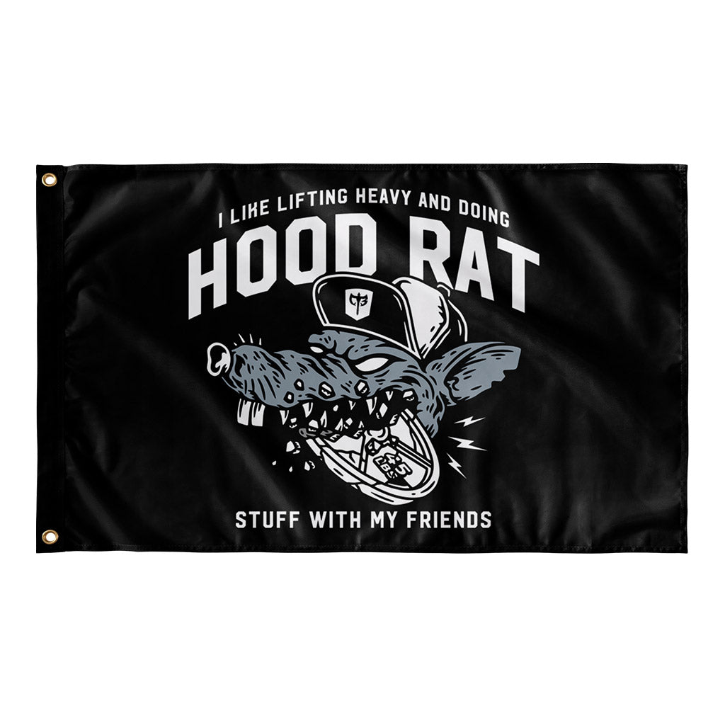 Hood Rat Flag - Polyester Flag, horizontal gym flag hanging in a home gym - Conquering Barbell